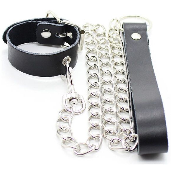 OHMAMA FETISH - COLLIER PÉNIS ET BRACELET EN CUIR AVEC CHAÎNE MÉTALLIQUE