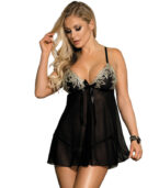 SUBBLIME - BABYDOLL BLACK BEIGE LACETS FLORAUX S / M