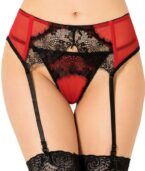 QUEEN LINGERIE - STRING AVEC JARRETIÈRE DENTELLE ROUGE S/M