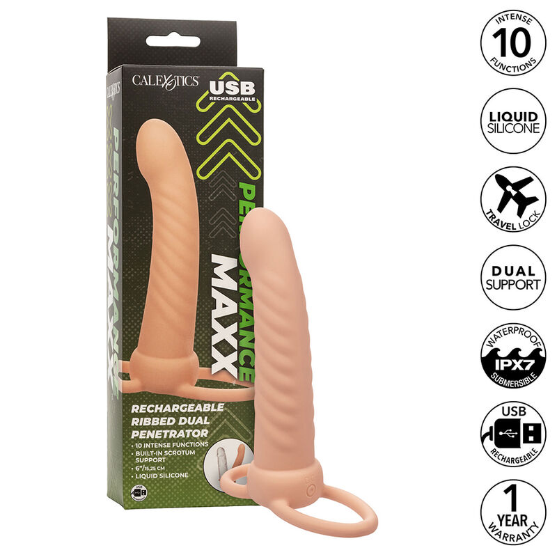 CALEXOTICS - MAXX DOUBLE PÉNÉTRATEUR NERVURÉ 10 VIBRATIONS FLESH